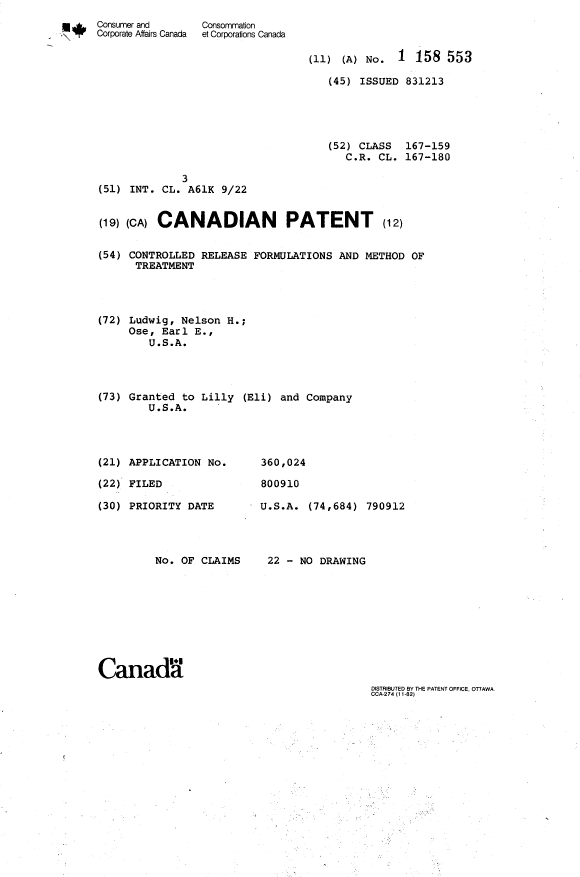 Canadian Patent Document 1158553. Cover Page 19940303. Image 1 of 1