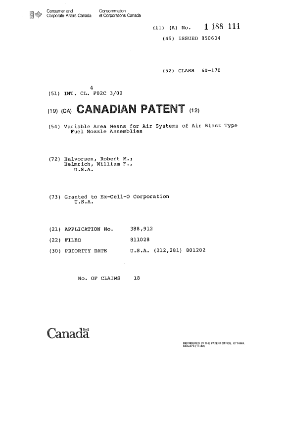Canadian Patent Document 1188111. Cover Page 19930610. Image 1 of 1