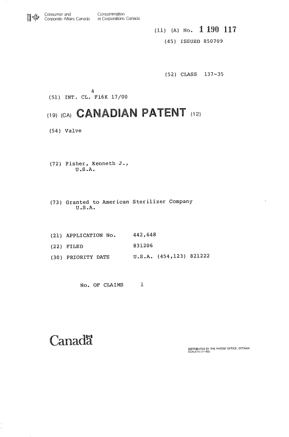 Canadian Patent Document 1190117. Cover Page 19921214. Image 1 of 1