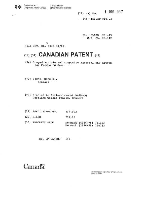 Canadian Patent Document 1190947. Cover Page 19930615. Image 1 of 1