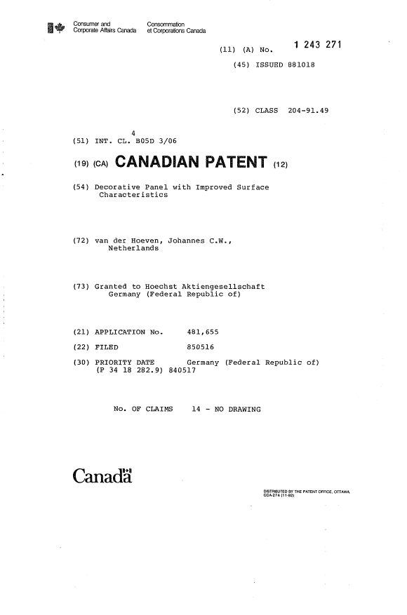 Canadian Patent Document 1243271. Cover Page 19931001. Image 1 of 1