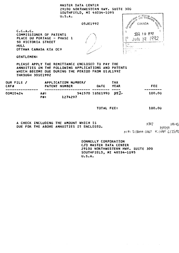 Document de brevet canadien 1274297. Taxes 19920619. Image 1 de 1