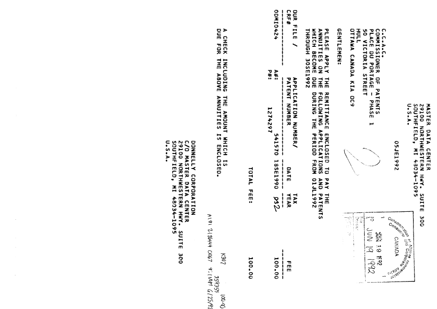 Canadian Patent Document 1274297. Fees 19920619. Image 1 of 1