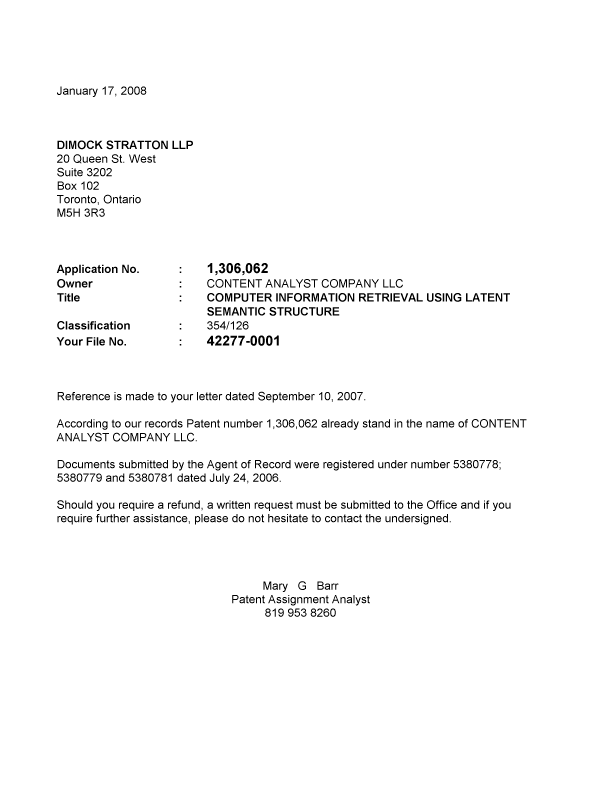 Canadian Patent Document 1306062. Correspondence 20080117. Image 1 of 1