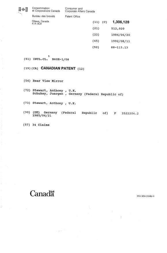 Document de brevet canadien 1306128. Page couverture 19931104. Image 1 de 1