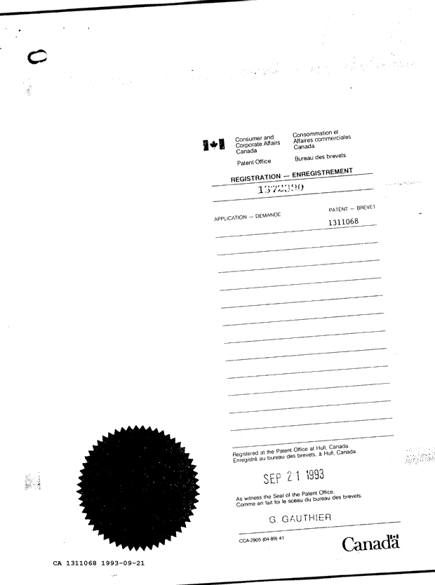 Document de brevet canadien 1311068. Cession 19921221. Image 1 de 12