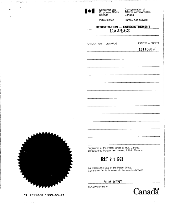 Canadian Patent Document 1311068. Assignment 19921221. Image 1 of 4
