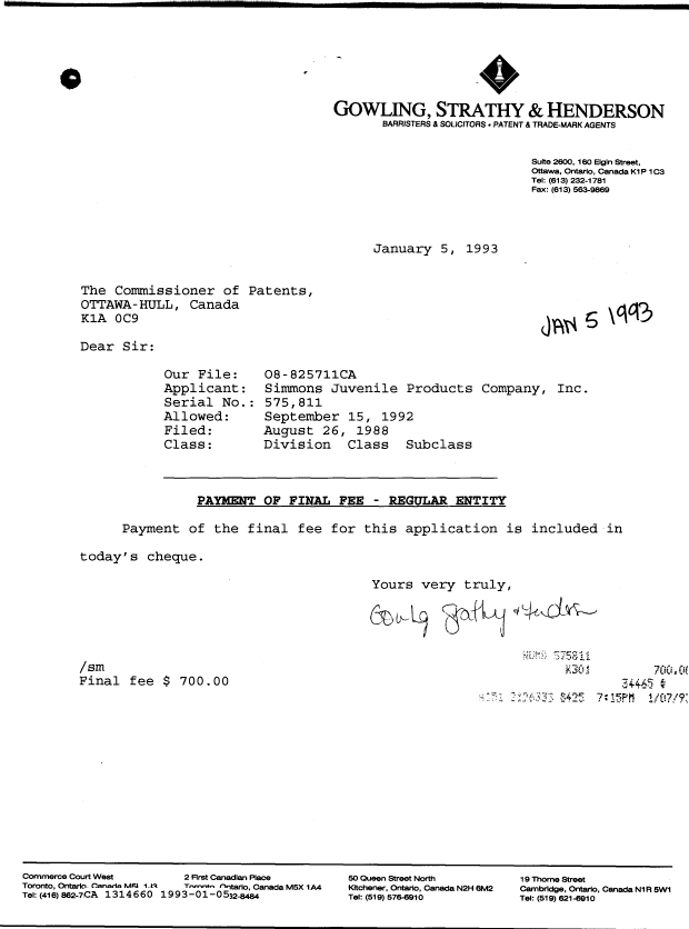 Canadian Patent Document 1314660. PCT Correspondence 19930105. Image 1 of 1