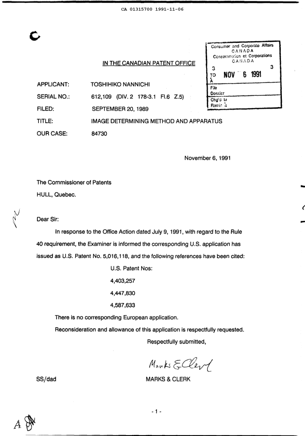 Canadian Patent Document 1315700. Prosecution-Amendment 19911106. Image 1 of 1