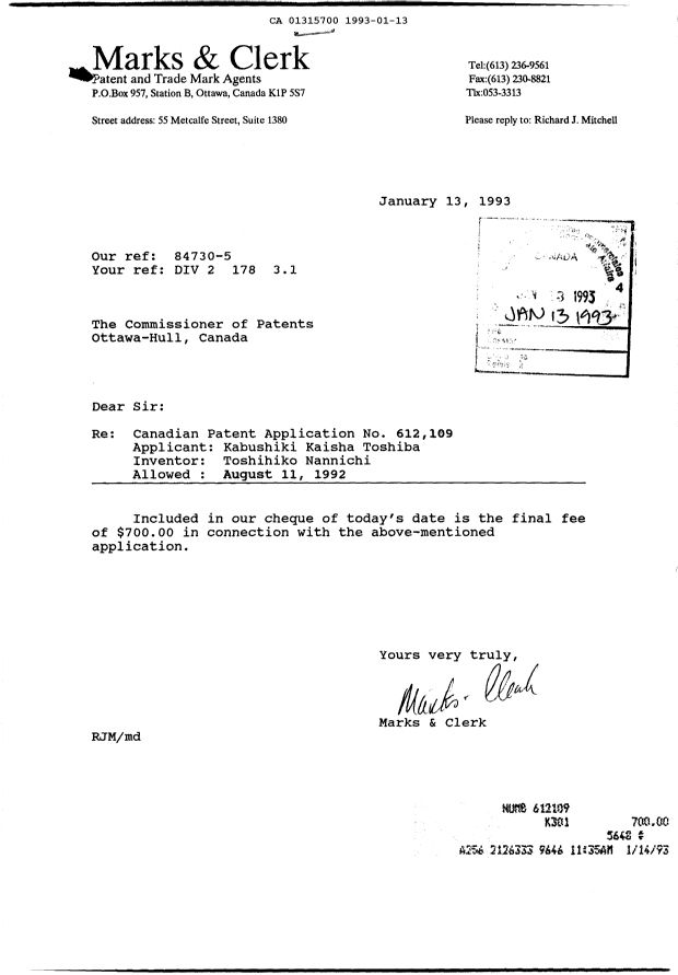 Canadian Patent Document 1315700. Correspondence 19930113. Image 1 of 1