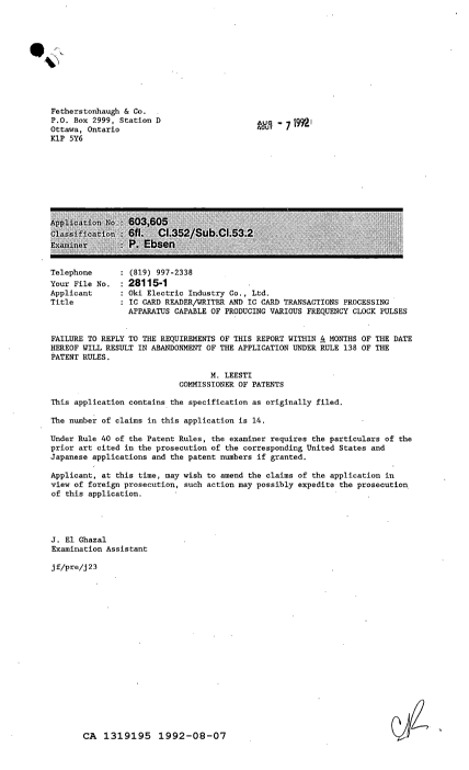 Document de brevet canadien 1319195. Demande d'examen 19920807. Image 1 de 1