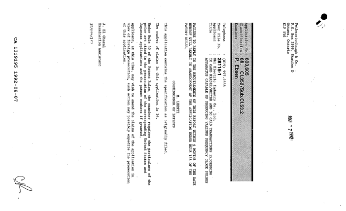 Canadian Patent Document 1319195. Examiner Requisition 19920807. Image 1 of 1