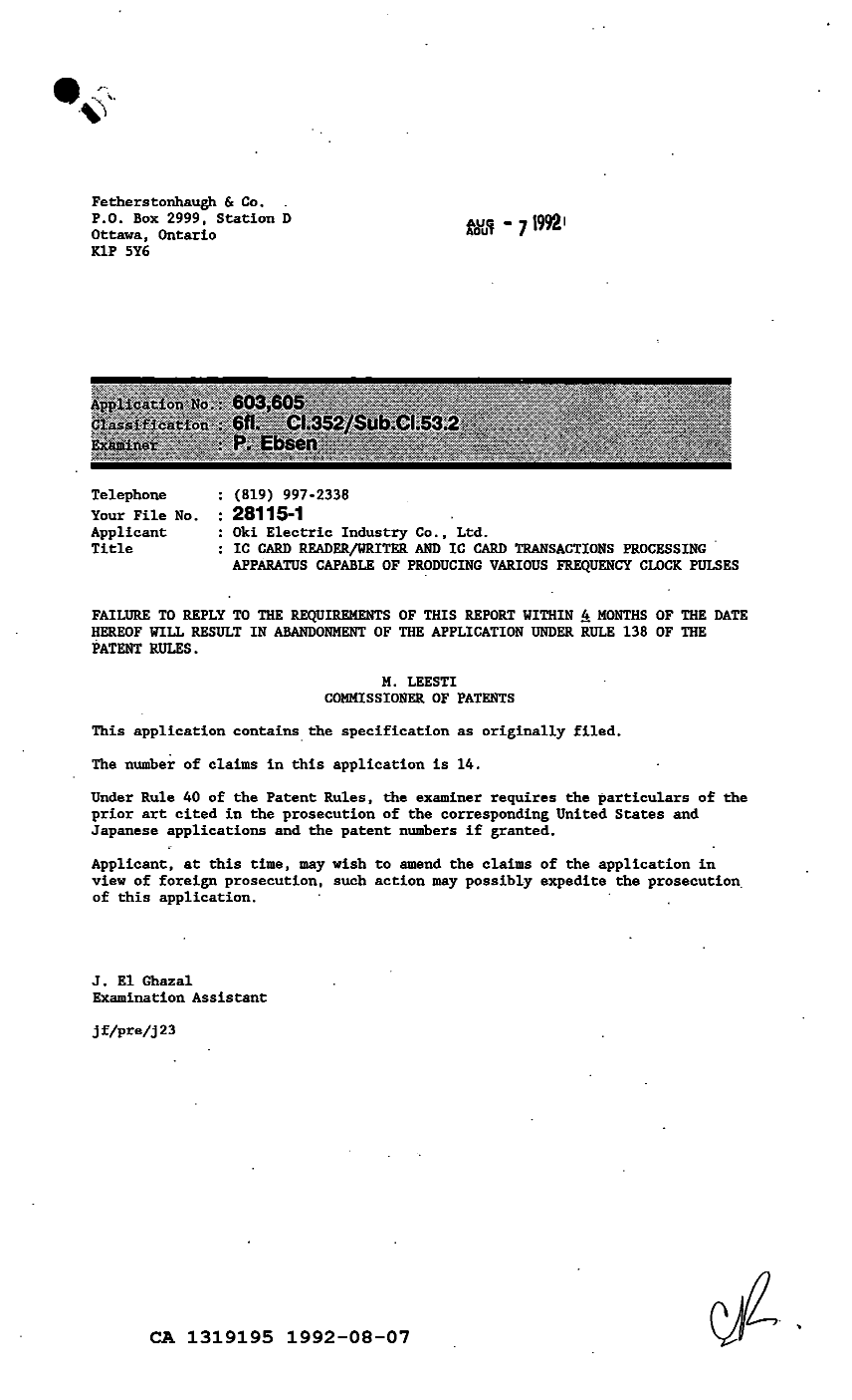 Canadian Patent Document 1319195. Examiner Requisition 19920807. Image 1 of 1