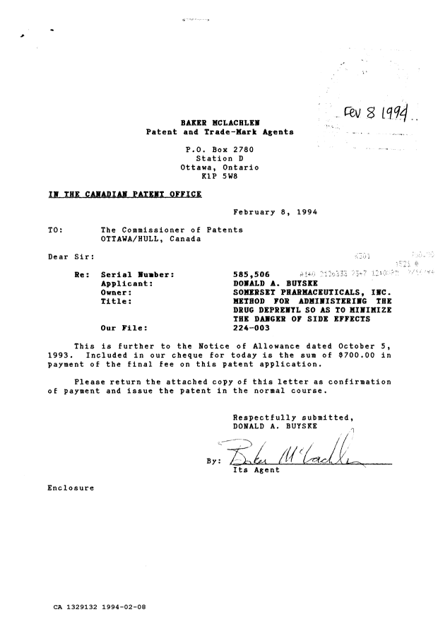 Canadian Patent Document 1329132. PCT Correspondence 19940208. Image 1 of 1
