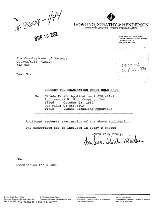Canadian Patent Document 2028461. Prosecution Correspondence 19920910. Image 1 of 1