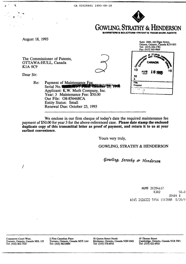 Canadian Patent Document 2028461. Fees 19930818. Image 1 of 1