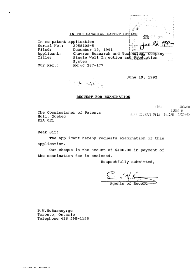 Canadian Patent Document 2058108. Prosecution Correspondence 19920622. Image 1 of 1