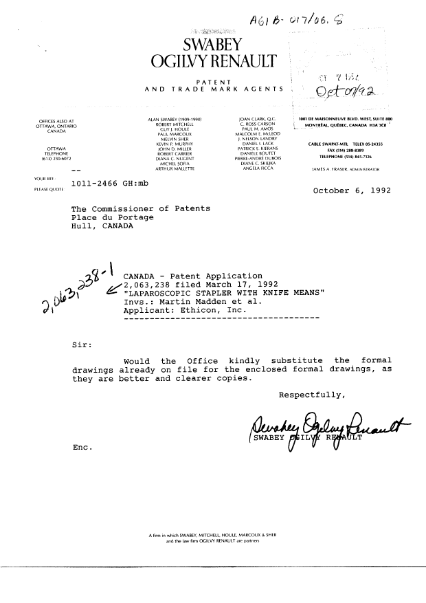 Canadian Patent Document 2063238. Correspondence 19921007. Image 1 of 6
