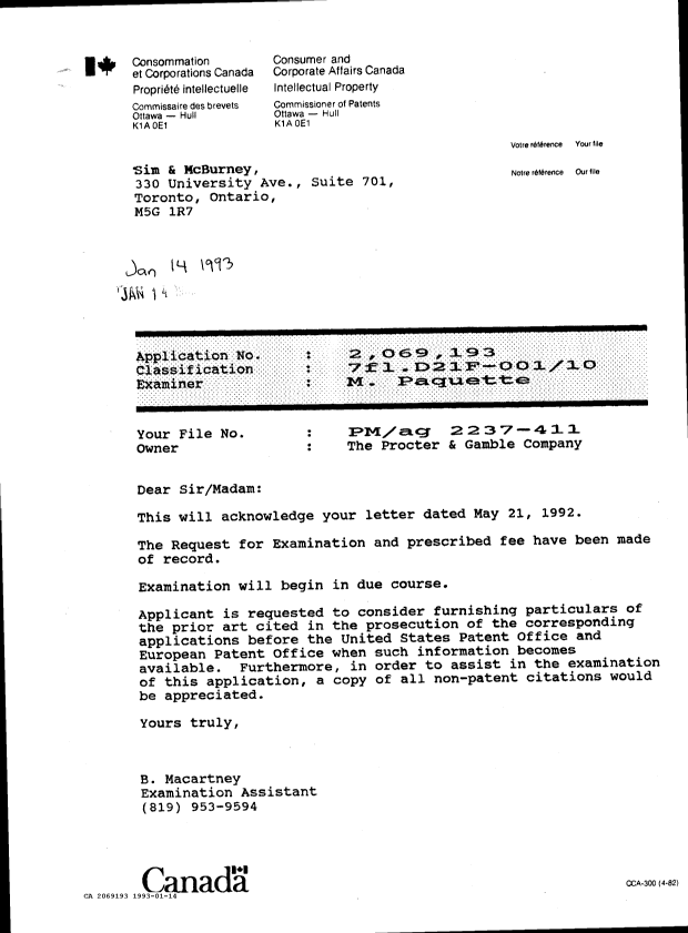 Canadian Patent Document 2069193. Correspondence 19921214. Image 1 of 1