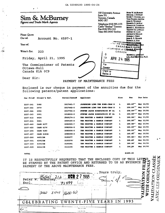 Canadian Patent Document 2069193. Fees 19941224. Image 1 of 1
