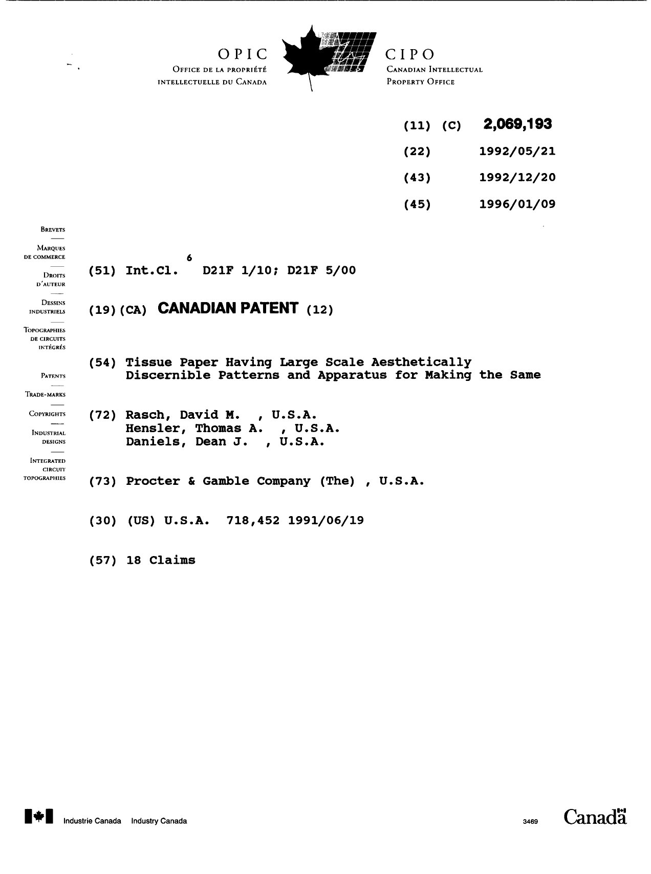 Document de brevet canadien 2069193. Page couverture 19951209. Image 1 de 1