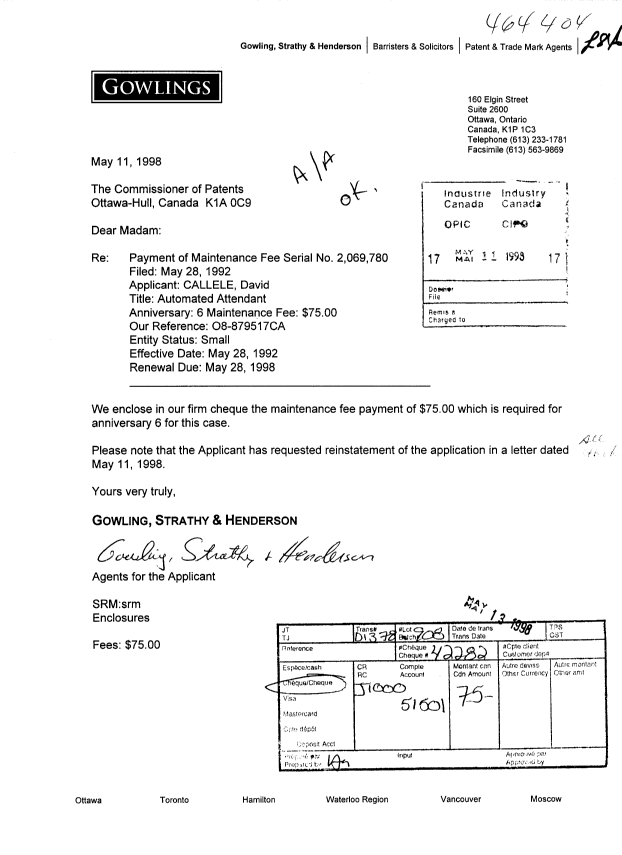 Canadian Patent Document 2069780. Fees 19971211. Image 1 of 2