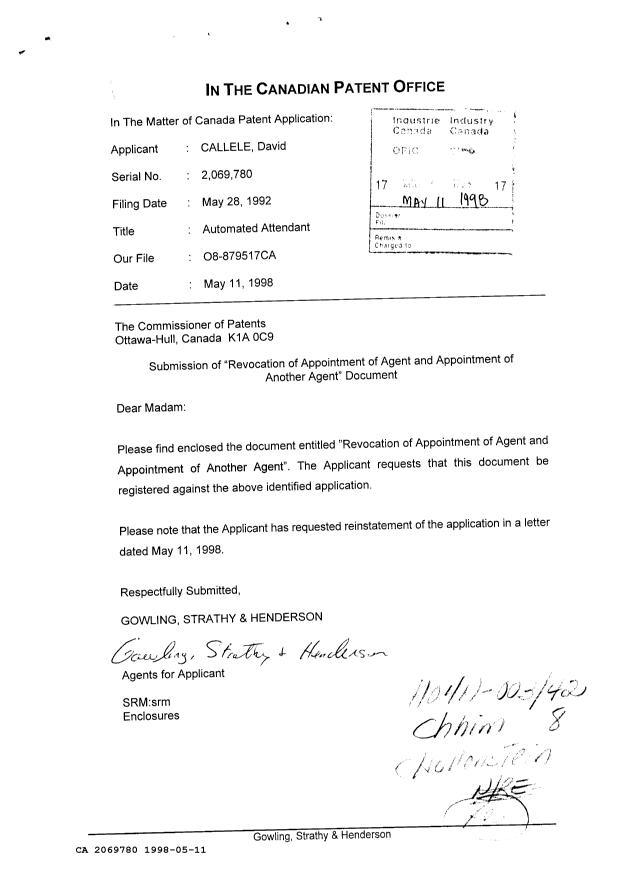 Canadian Patent Document 2069780. Correspondence 19971211. Image 1 of 2