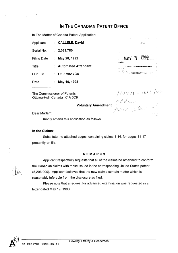 Canadian Patent Document 2069780. Prosecution-Amendment 19971219. Image 1 of 8