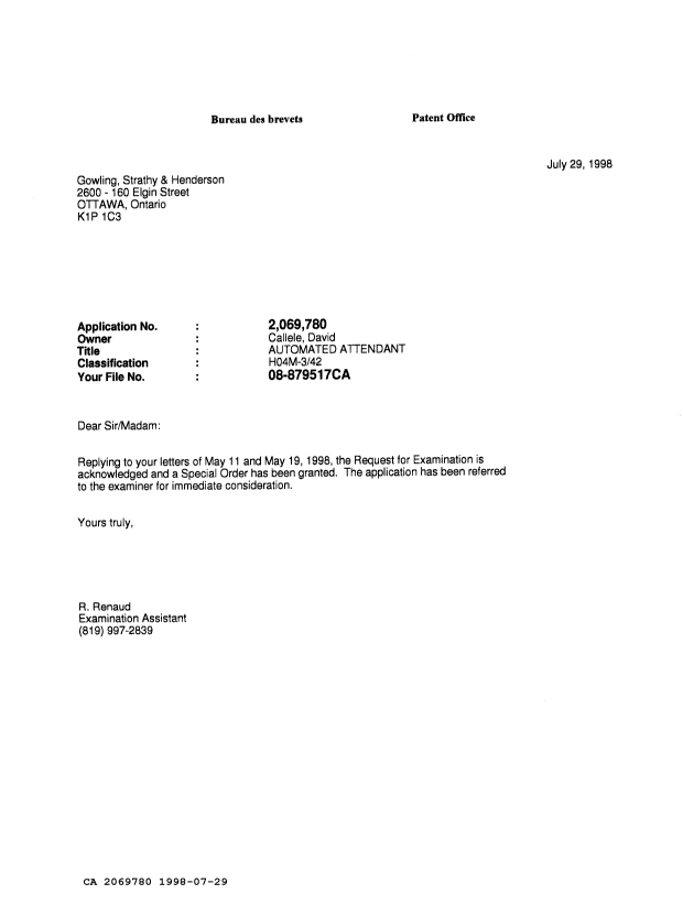 Document de brevet canadien 2069780. Lettre du bureau 19980729. Image 1 de 1