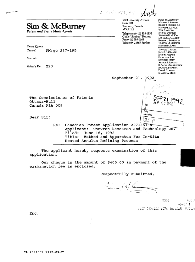 Canadian Patent Document 2071351. Prosecution Correspondence 19920921. Image 1 of 1