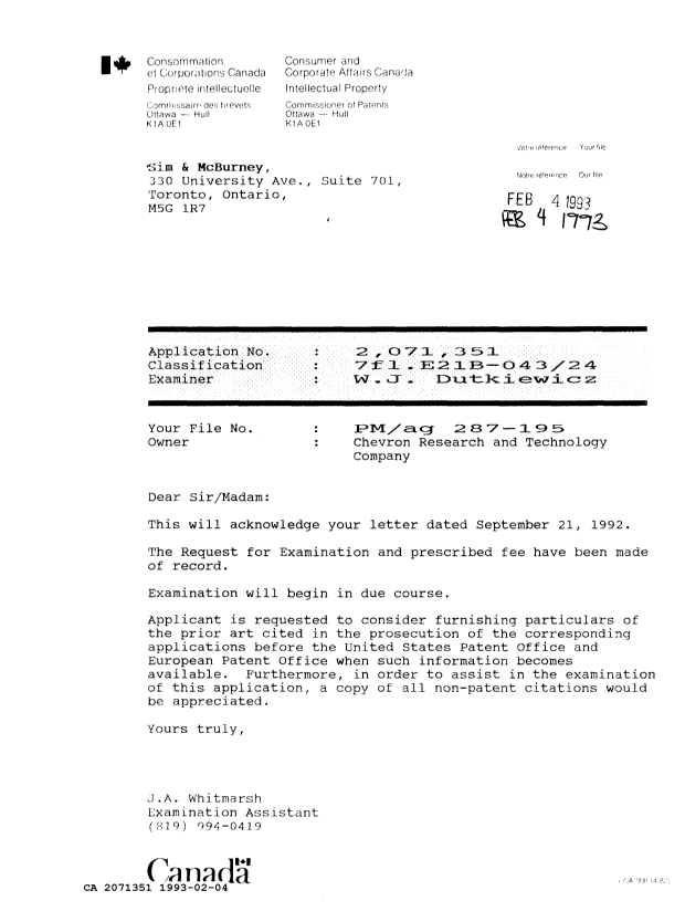 Canadian Patent Document 2071351. Office Letter 19930204. Image 1 of 1