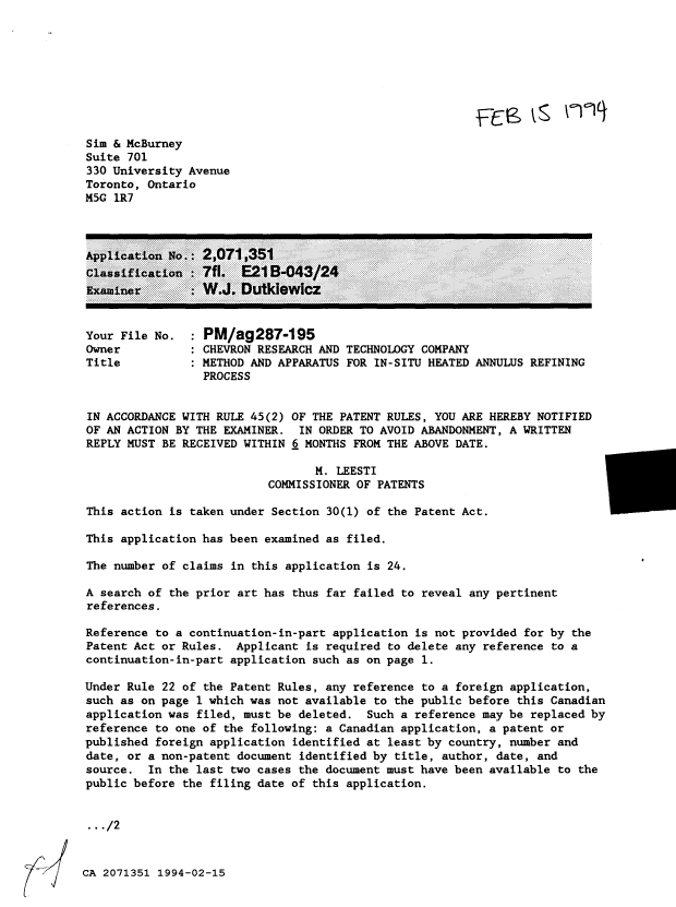 Canadian Patent Document 2071351. Examiner Requisition 19940215. Image 1 of 2
