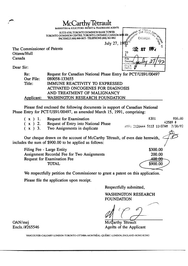 Document de brevet canadien 2074720. Cession 19920727. Image 1 de 14