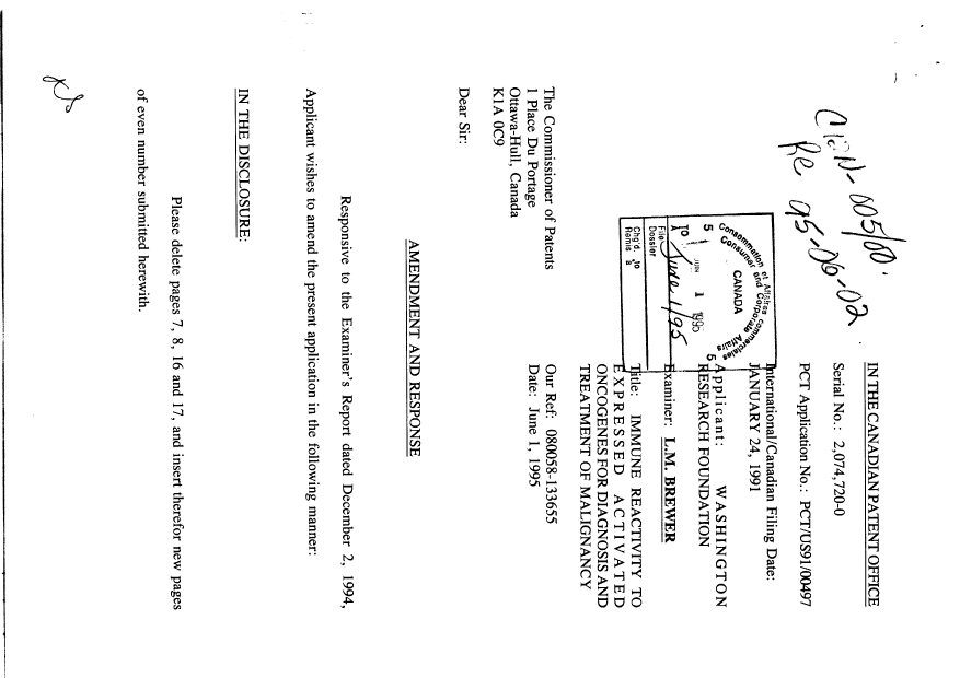 Canadian Patent Document 2074720. Prosecution-Amendment 19941201. Image 1 of 21