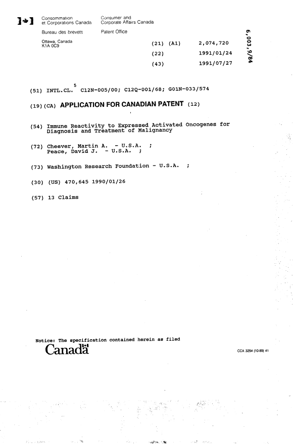 Canadian Patent Document 2074720. Cover Page 19941217. Image 1 of 1