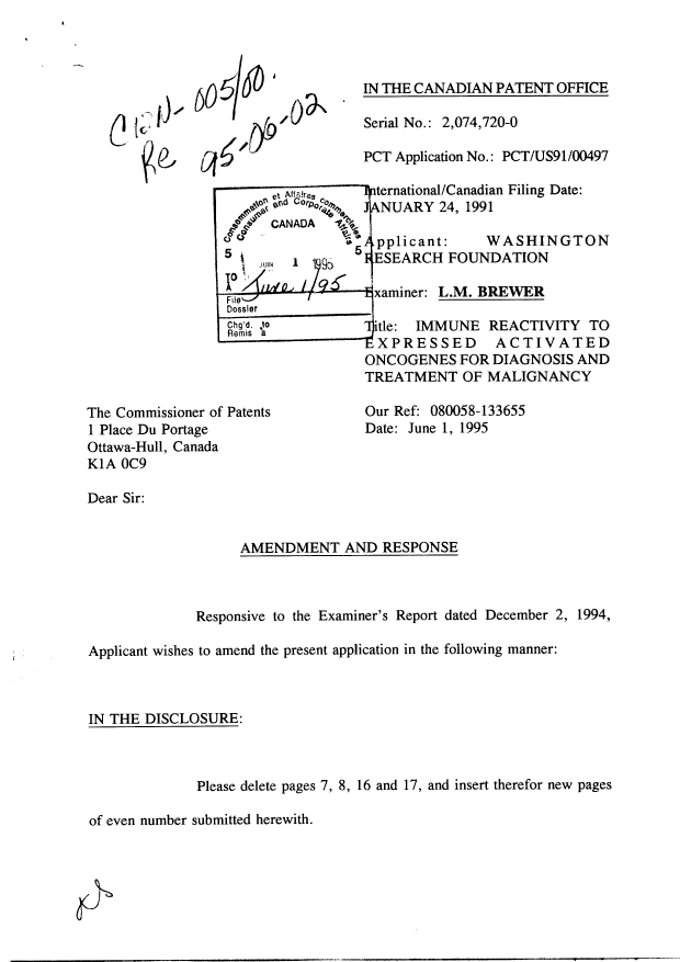 Canadian Patent Document 2074720. Prosecution-Amendment 19950601. Image 1 of 21