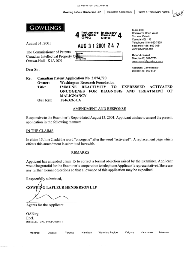 Canadian Patent Document 2074720. Prosecution-Amendment 20001231. Image 1 of 2