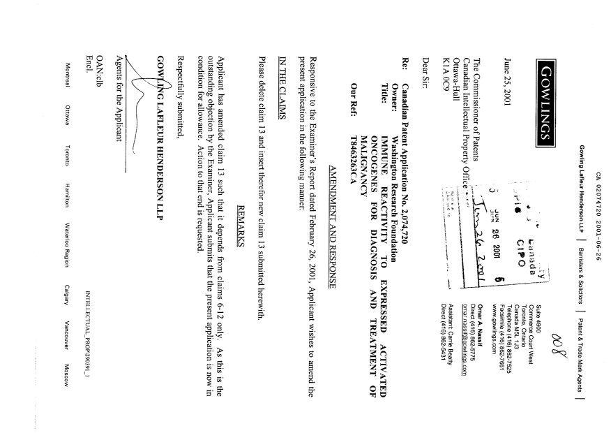 Canadian Patent Document 2074720. Prosecution-Amendment 20010626. Image 1 of 2