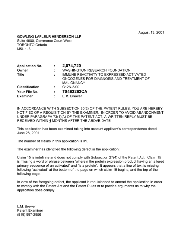 Document de brevet canadien 2074720. Poursuite-Amendment 20010813. Image 1 de 1
