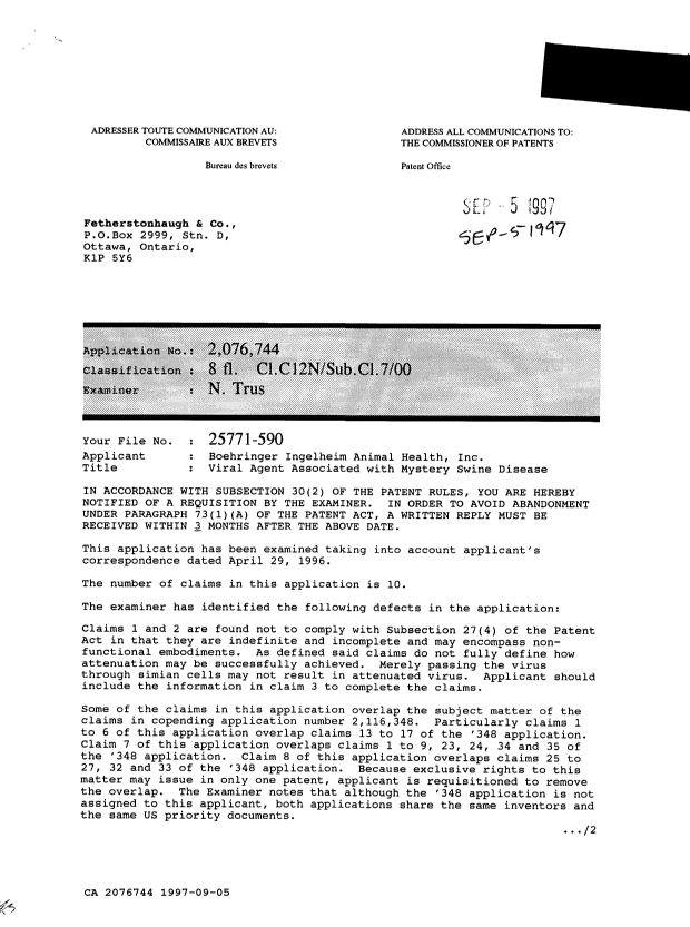 Canadian Patent Document 2076744. Examiner Requisition 19970905. Image 1 of 2