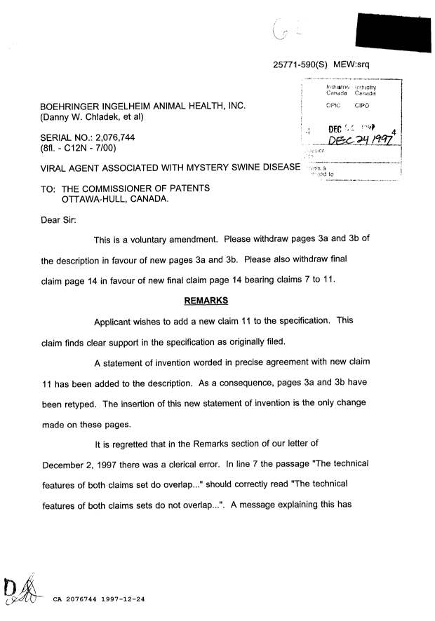 Canadian Patent Document 2076744. Prosecution Correspondence 19971224. Image 1 of 2