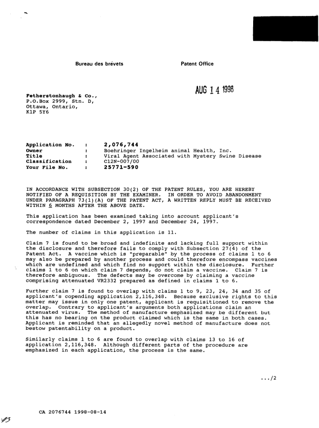 Canadian Patent Document 2076744. Examiner Requisition 19980814. Image 1 of 2