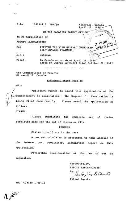 Canadian Patent Document 2122244. Prosecution-Amendment 19940426. Image 1 of 7