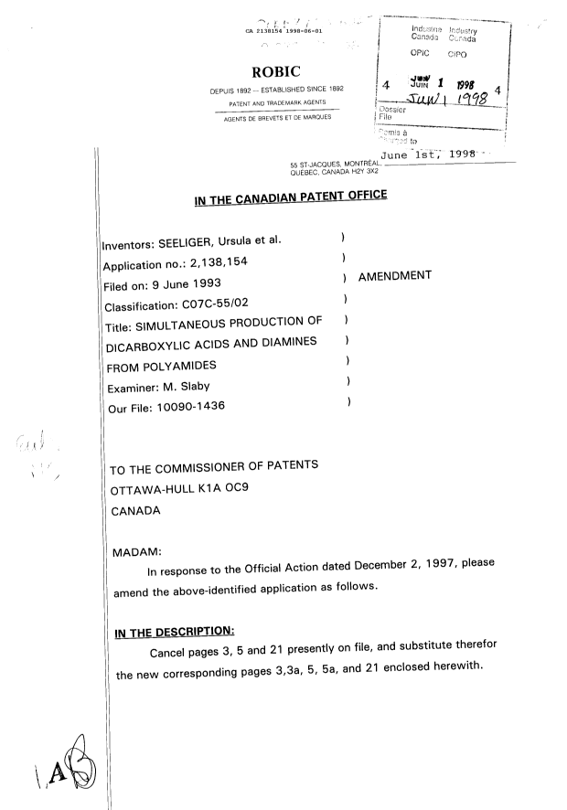Canadian Patent Document 2138154. Prosecution Correspondence 19980601. Image 1 of 6