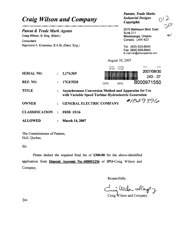 Canadian Patent Document 2174569. Correspondence 20070830. Image 1 of 1