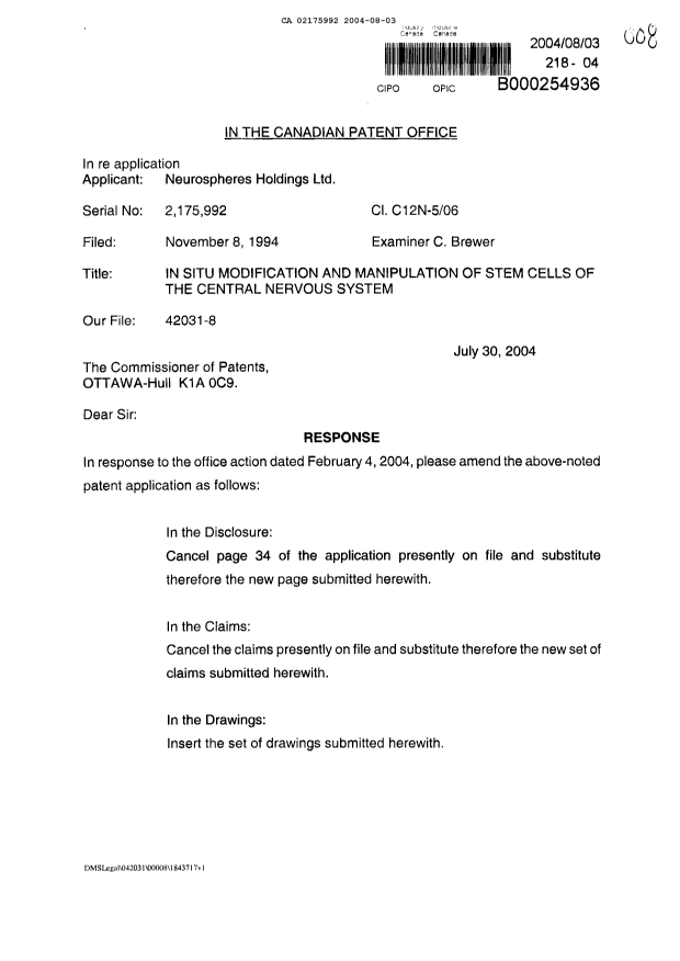 Canadian Patent Document 2175992. Prosecution-Amendment 20040803. Image 1 of 15