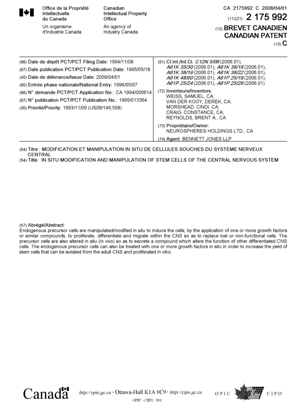 Canadian Patent Document 2175992. Cover Page 20080229. Image 1 of 1
