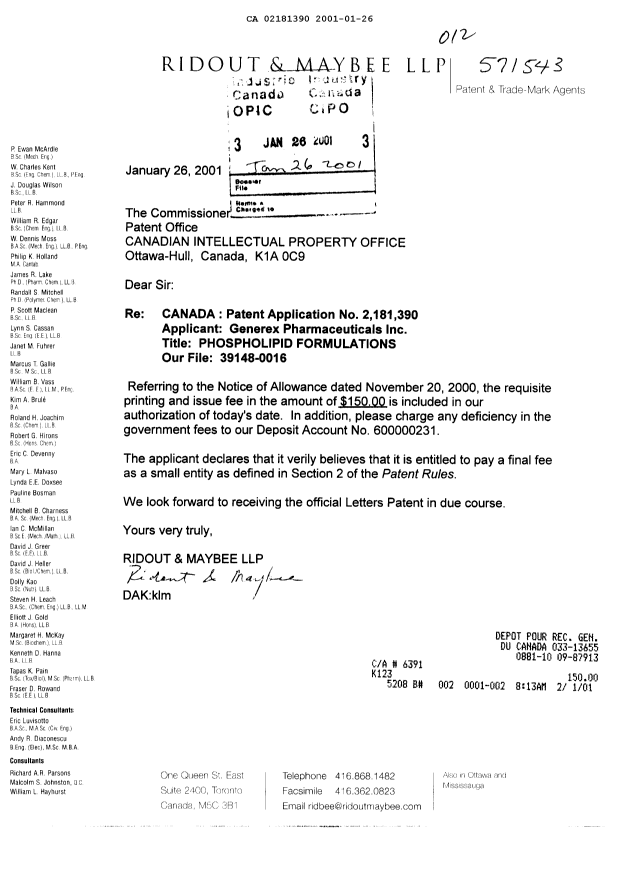 Canadian Patent Document 2181390. Correspondence 20010126. Image 1 of 1
