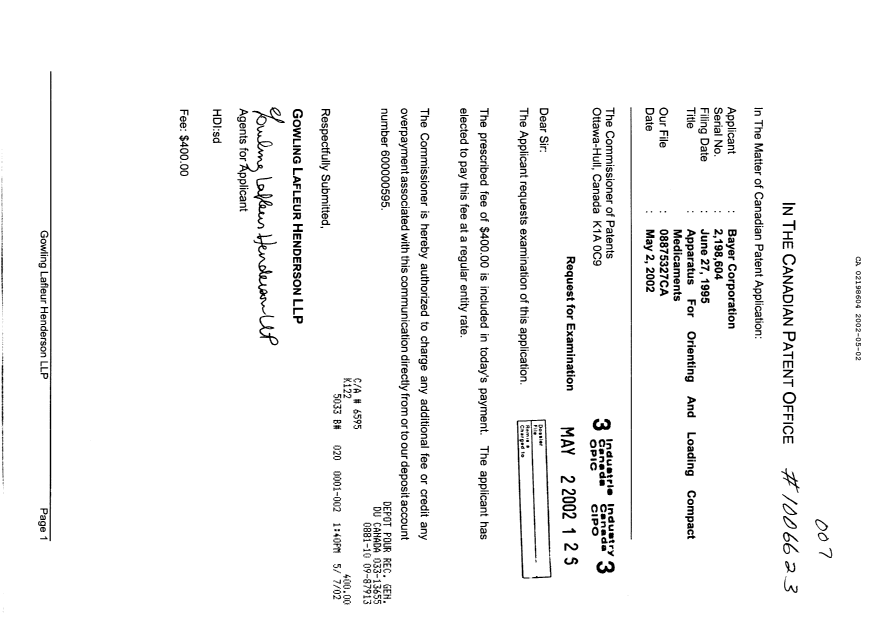 Canadian Patent Document 2198604. Prosecution-Amendment 20011202. Image 1 of 1