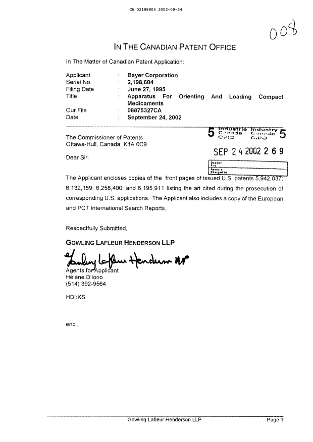 Canadian Patent Document 2198604. Prosecution-Amendment 20011224. Image 1 of 1